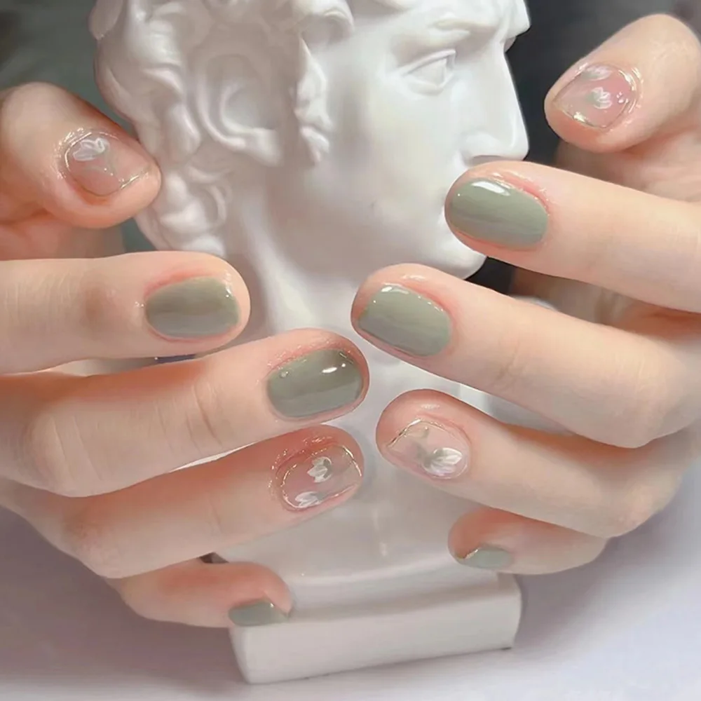 24pcs Glossy Fresh Green False Decor Nail Pretty Flower Fake Nail Artificial Rhinestone Removable Art Fake Nail Pieces Postiças