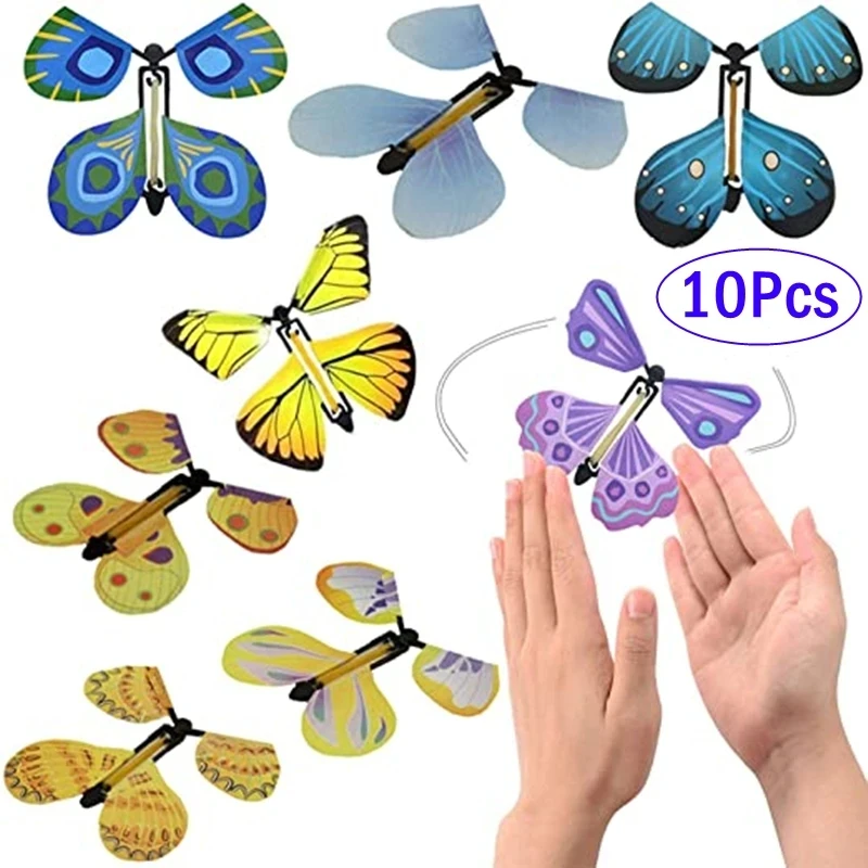 

10pcs Magic Flying Butterfly Wind Up Butterfly Fairy Flying Toys Winding Rubber Band Toy Color Bookmark Party Great Surpris Gift