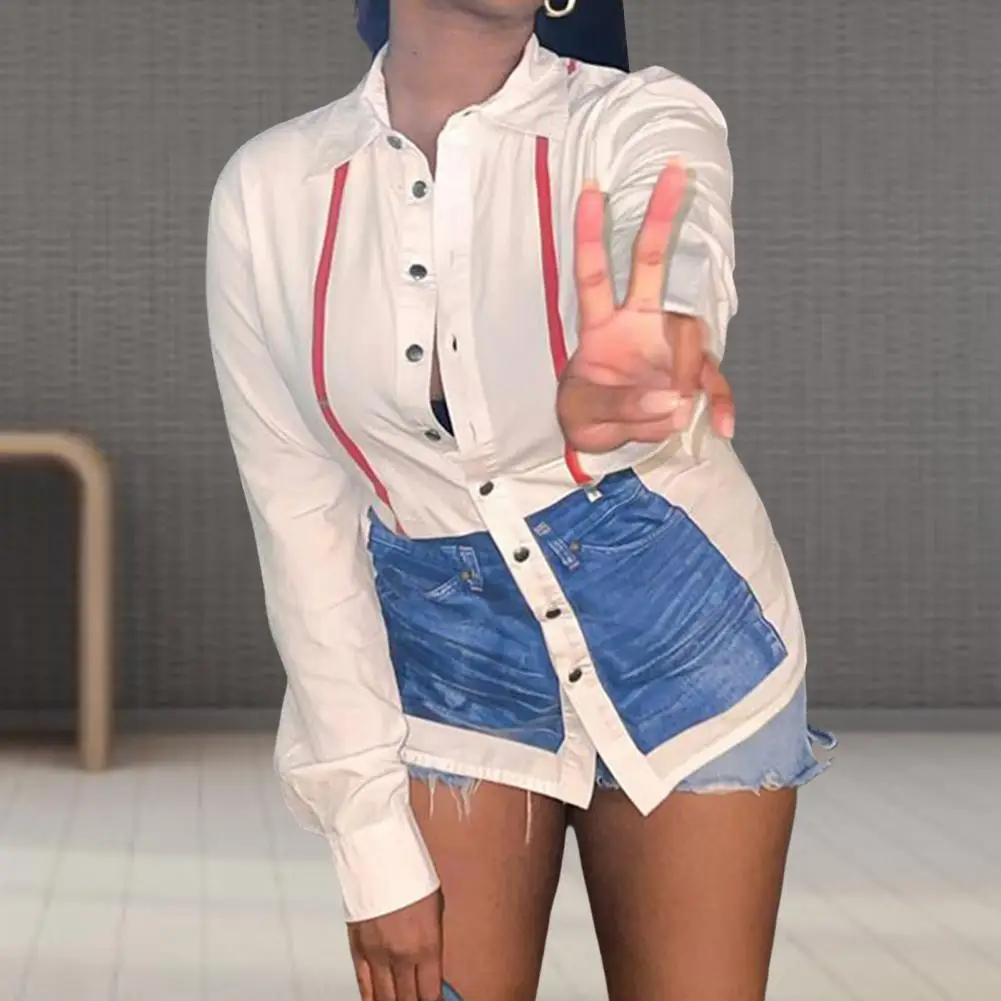 

Women Shirt Turn-down Collar Long Sleeve Single-Breasted Overalls Denim Shorts Printing Loose Cardigan Shirt Female Streetwear