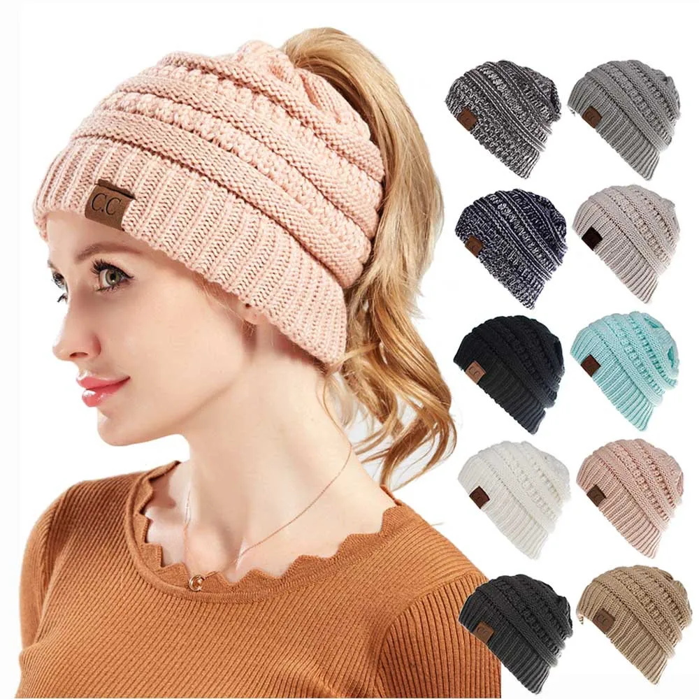 

Autumn And Winter Female Beanie Hat Knitted Cap For Women Ponytail Design Acrylic Loose Keep Warm Multiple Colour WY0222