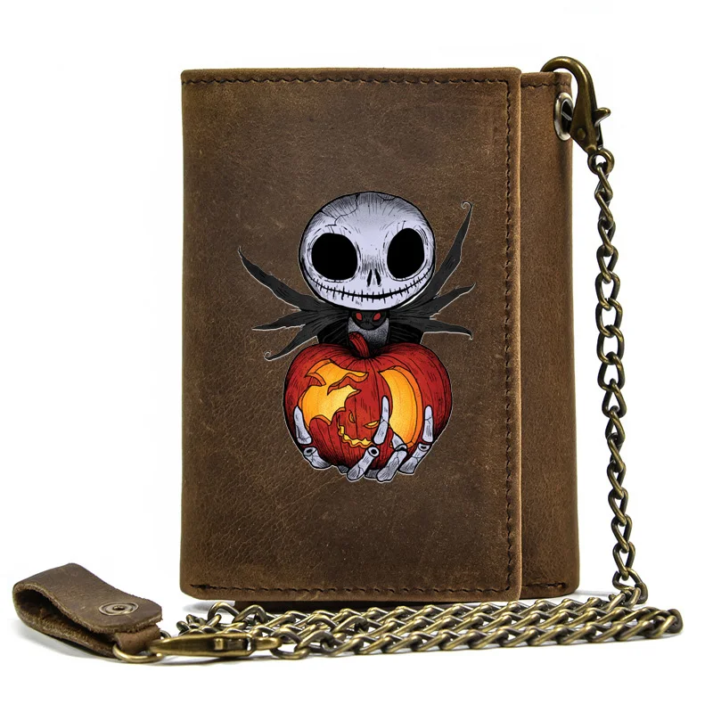 

High Quality Men Genuine Leather Wallet Anti Theft Hasp With Iron Chain Halloween Pumpkin Skeleton Cover Card Holder Short Purse