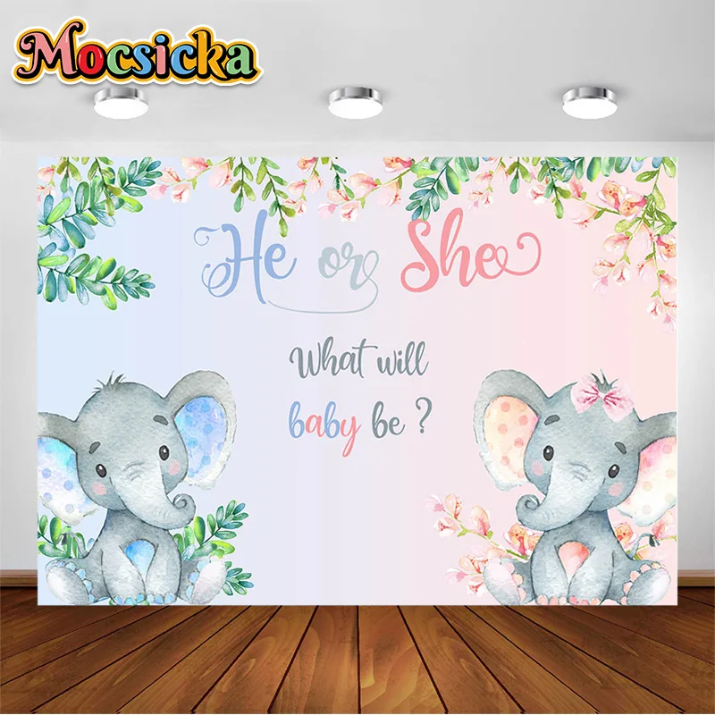 

Mocsicka Baby Shower Newborn Gender Reveal Party Background Little Elephant He or She Decor Props Family Photography Backdrop