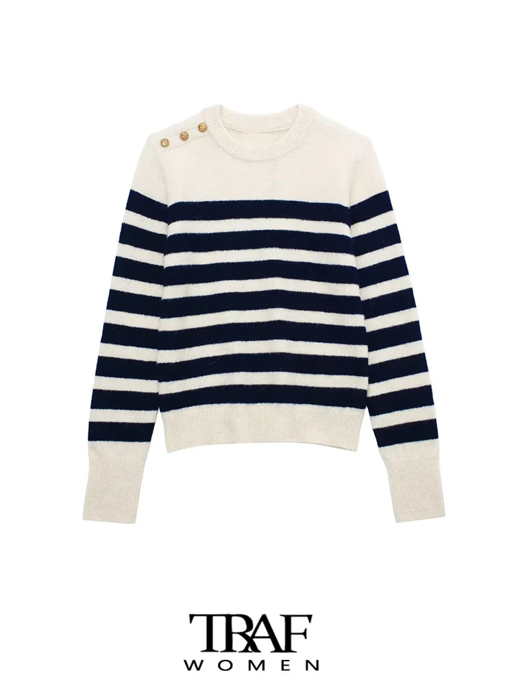 

TRAF Women Fashion Front Gold Button Striped Knit Sweater Vintage O Neck Long Sleeve Female Pullovers Chic Tops