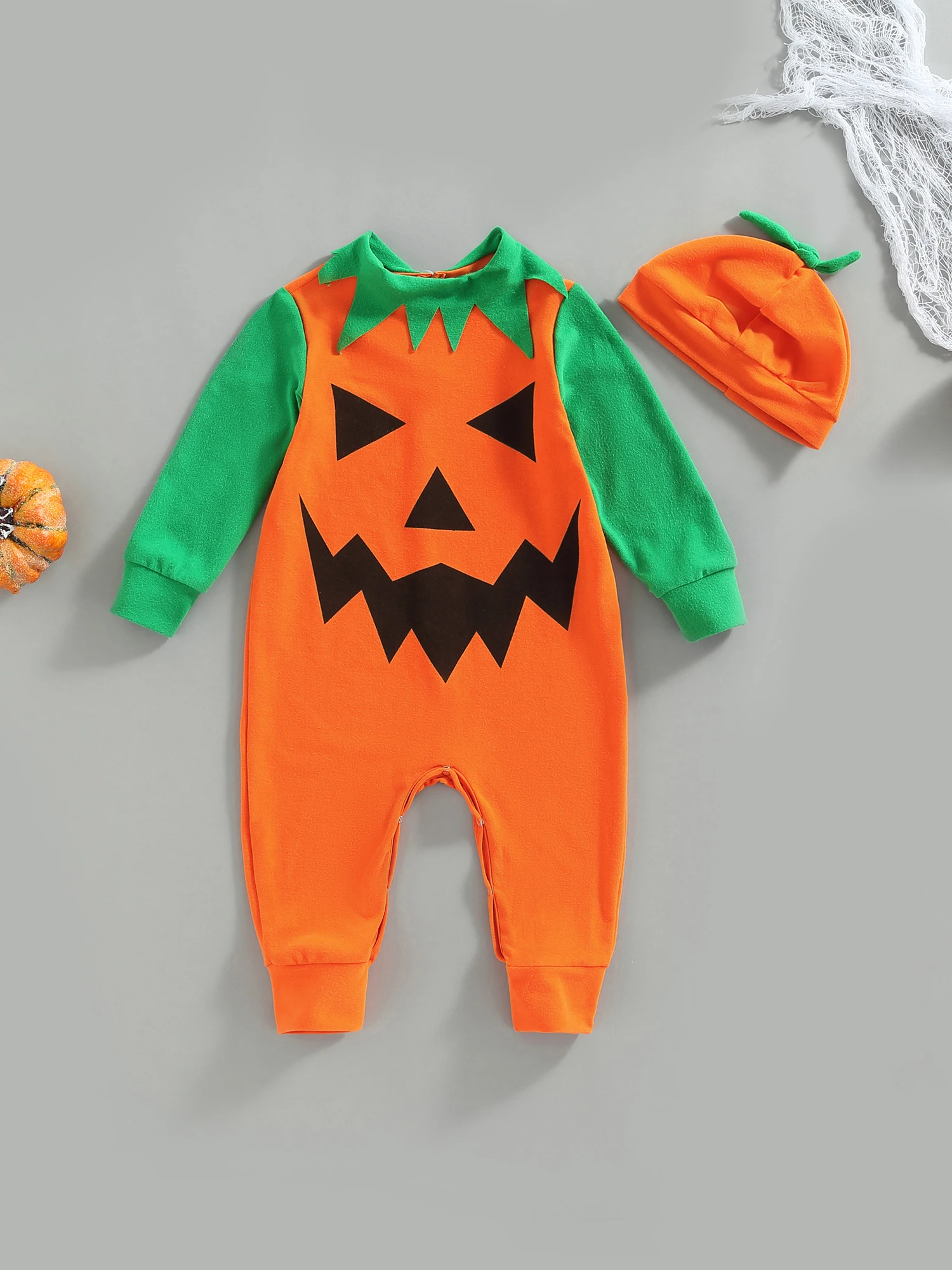 

0-24M Infant Baby Halloween Romper Long Sleeves Round Neck Pumpkin Contrast Color Jumpsuit + Hat