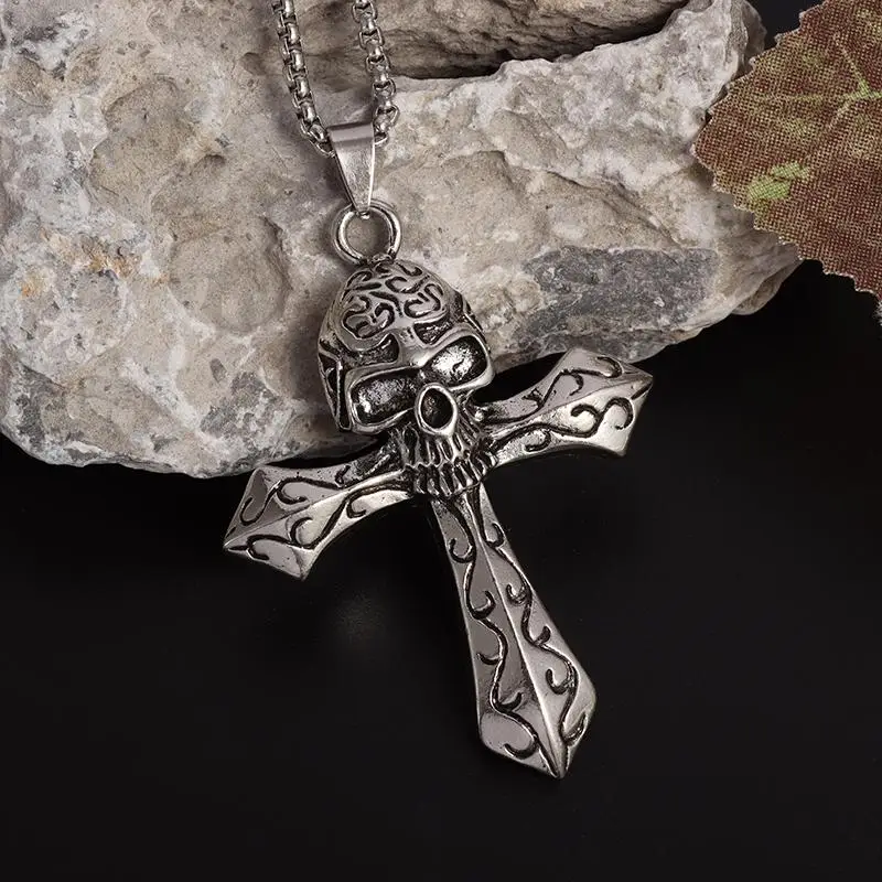 

Gothic Skull Cross Pendant Necklace Men's Hip Hop Rock Punk Rider Jewelry Gift