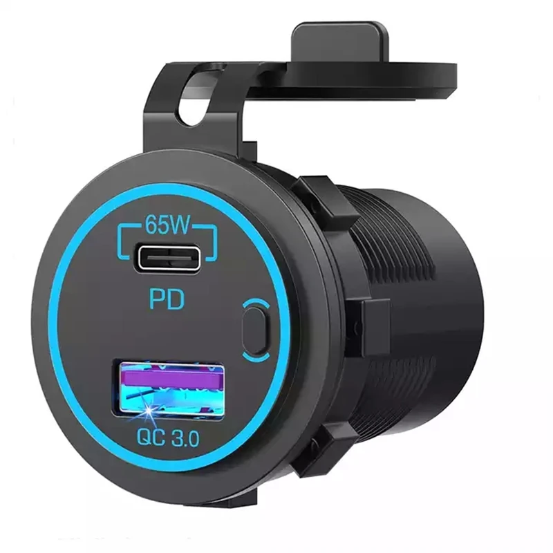 

83W Laptop Car Charger Socket Outlet: 65W PD3.0 USB C and 18W QC3.0 USB Port Charger with Switch for Car RV Marine Motocycle etc