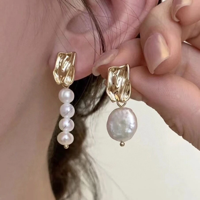 

100% Asymmetric Natural Freshwater Button Pearl Multi Bead Earrings for Women Baroque Court Style 14k Gold Filled Premium Gift