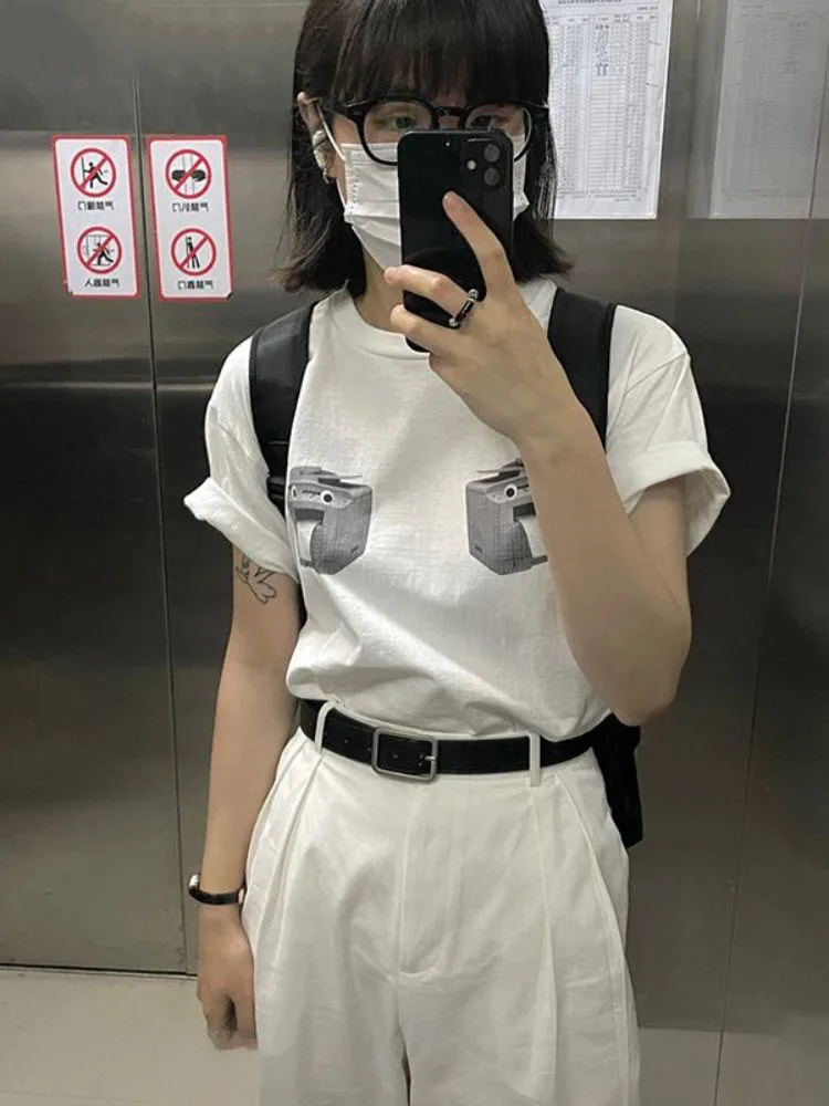 

2023 Summer Streetwear Printing T-shirts Loose Casual Y2k Aesthetic White Short Sleeve Tops Women All Match O Neck Harajuku Tees