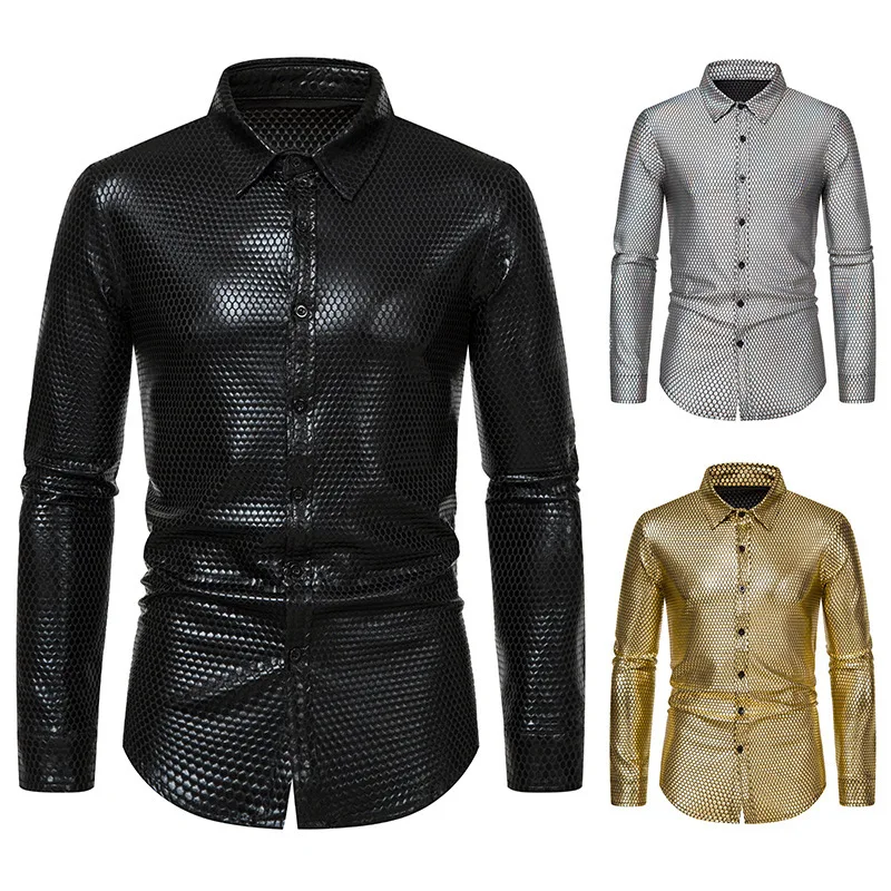 Spring and autumn new European size men's 70s disco trend men's cardigan top Diamond Foil Print Men's Long Sleeve Shirt S-2XL