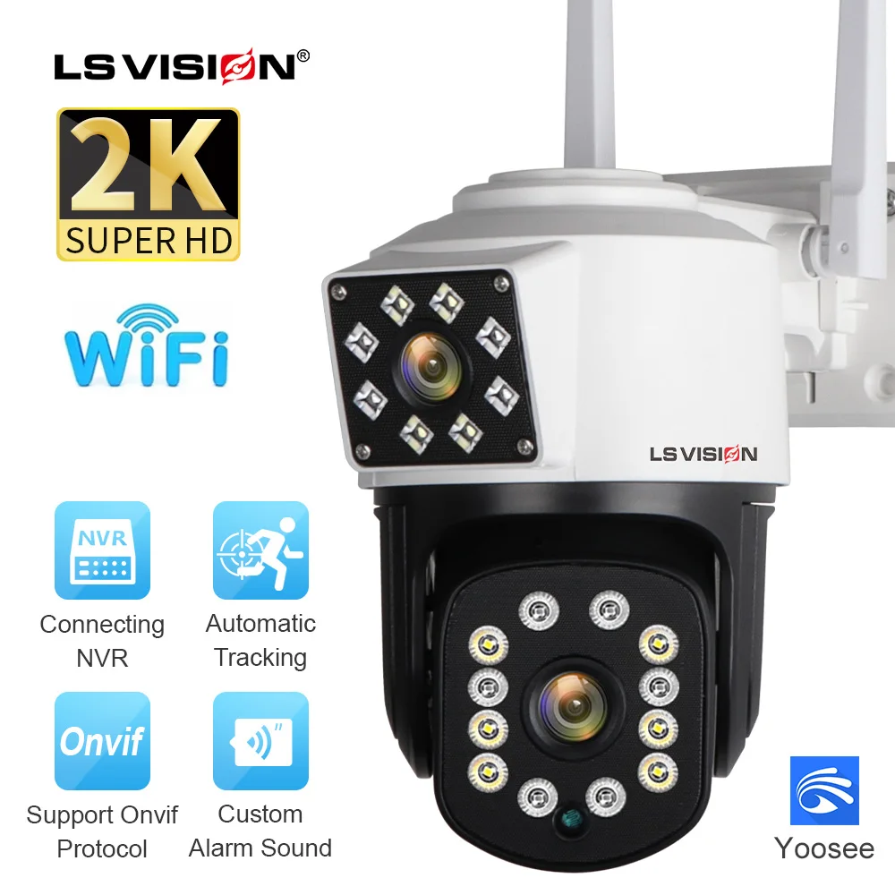 

LS VISION 4MP WiFi Camera Outdoor Dual-Lens Dual-Screens Auto Tracking 2-Way Talk PTZ Waterproof P2P CCTV Camera Support NVR/DVR