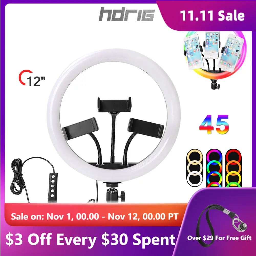 

Кольцевой светильник HDRiG, светодиодная лампа RGB для ноутбука, компьютера, 12 дюймов, с тремя зажимами для телефона, подходит для видеоконферен...