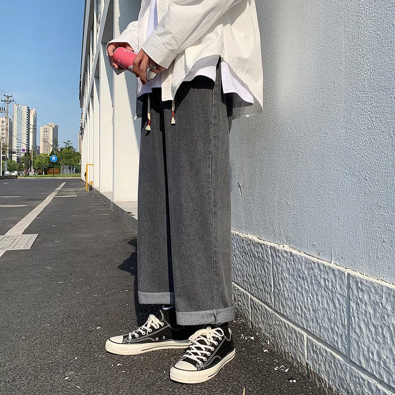 Men Korean Streetwear Wide Legs Baggy Jeans Mens Autumn Harajuku Vintage Blue Denim Pants Male Casual Cargo Pants Baggy Jeans