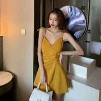 2022 new sexy pleated dress summer v neck small dress with suspenders fashion temperament all match thin a line skirt
