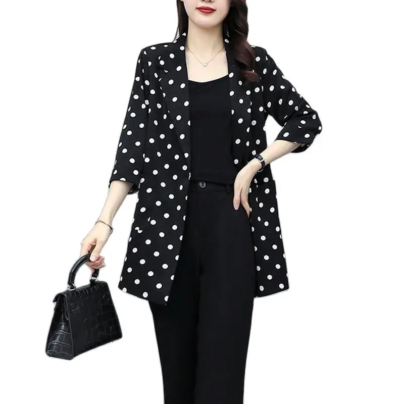 

Women's Fashion Blazer 2022 Spring Autumn New Fat MM Thin Models Medium And Long Polka Dots Small Suit Jacket Female Trendy