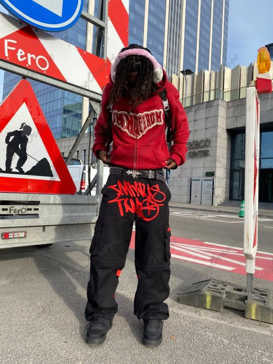 

Y2K Retro Street Trend Cargo Pant 2023 New Fashion Minus Two Black Pants Harajuku Hip Hop Print Loose Overalls Joggers Men