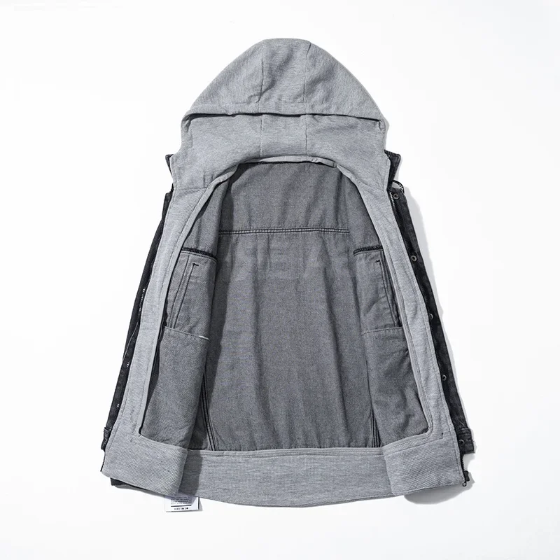 Джинсовая куртка с капюшоном для мужчин свободная клетчатая двухсекционная