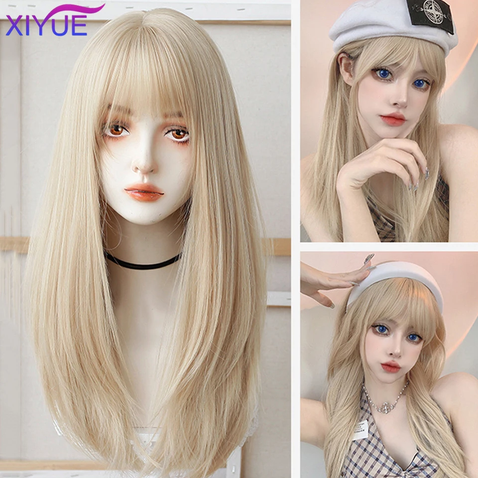 

XIYUE Long Natural Wavy Platinum Blonde Wigs with Bangs Cosplay Party Lolita Synthetic Wigs for Women Heat Resistant Fiber