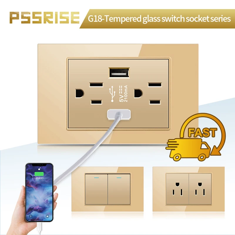 

PSSRISE tempered glass DIY multi-functional American standard switch socket panel USB combination 118mm*72mm