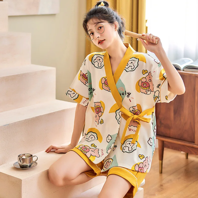 Women Kimono Pajamas Set Short Sleeve Sleepwear Summer Kawaii Pyjama 2 Pieces Japan Style Homewear Harajuku Girls Nightwear 2022