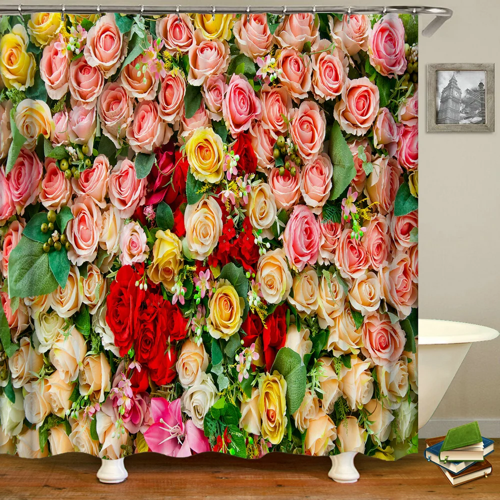 

Curtain Coloured Roses Bathroom Decoration Valentine 3d Fresh Floral Shower Decoration Waterproof Set Shower Curtain Banheiro