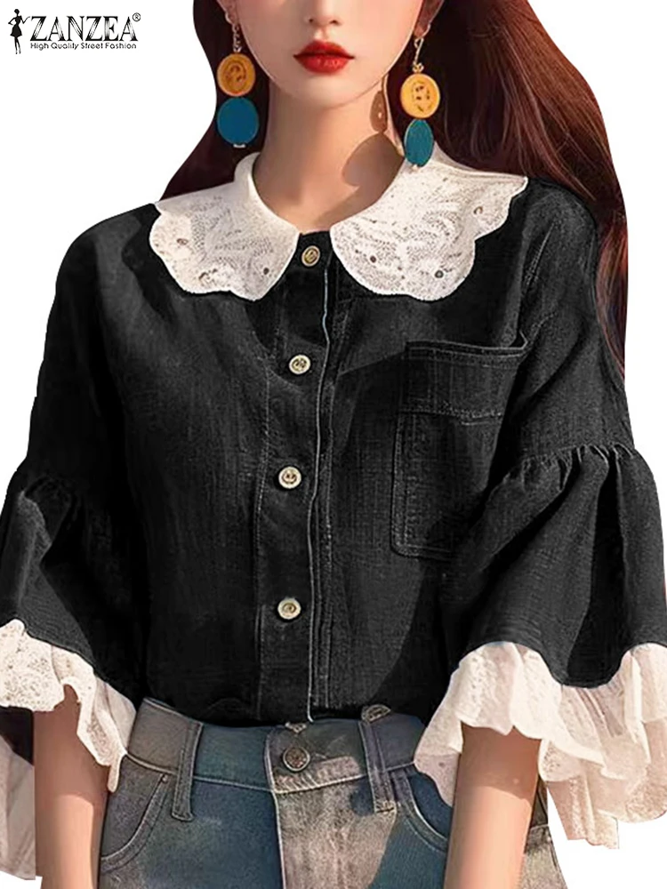 2024 женские расклешенные рубашки с рукавами 3/4 ZANZEA корейские модные однотонные