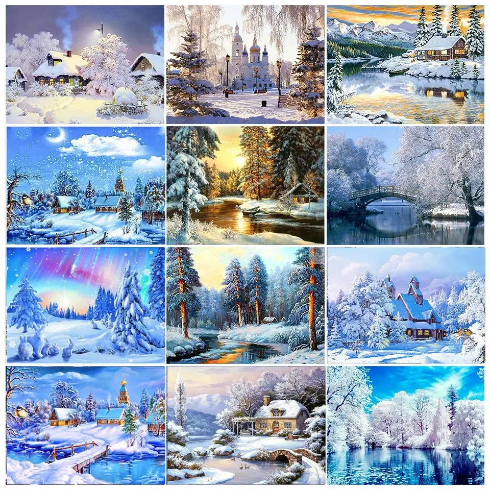 5D DIY Diamond Painting Landscape Winter House Rhinestone Art Picture Rhinestone Diamond Embroidery Mosaic Home Decoration Gift