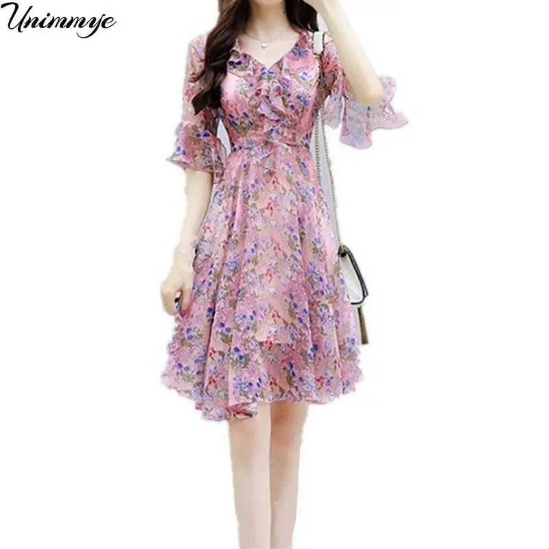 

Floral Print Women Dress Female Short Sleeve Vintage Chiffon V Neck Plus Size Dress Summer Vestidos 4XL Clothing De Mujer J399