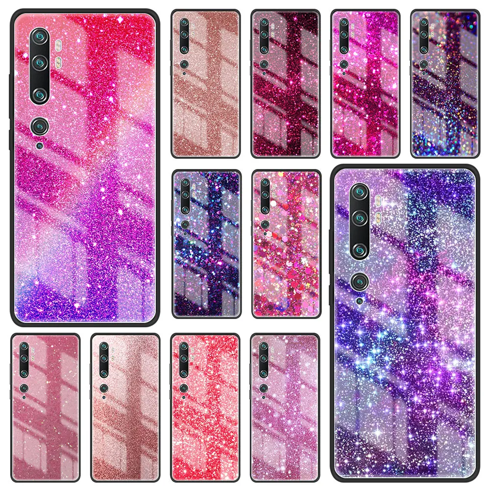

sparkling with light BlingBling Tempered Glass Phone Case for Xiaomi Mi 11T 11 Lite 10T Pro 12 12x Note 11 CC9 cc9e 9S Cover