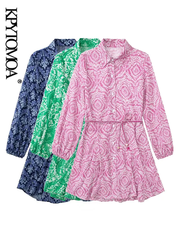 

KPYTOMOA женское модное мини-платье с поясом с принтом винтажное платье-рубашка с рукавом три четверти женские платья на пуговицах Vestidos Mujer