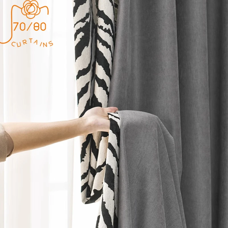 

Grey Zebra Pattern Jacquard Splicing Thickened Blackout Curtains for Living Room Bedroom French Window Customized Finished