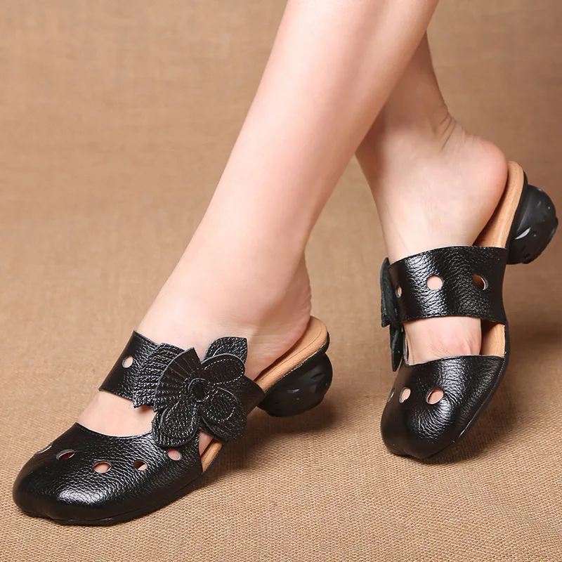 Fashion Ladies Blue Flower Sandals Mid-heeled Summer Hole Flower Slides Cowhide Leather Slippers Women Female Ethnic Shoes