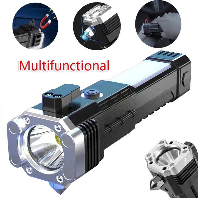 Multifunctional Flashlight Safety Hammer Strong Magnet Side Light Work Torch Rechargeable Portable Lantern for Adventure Camping