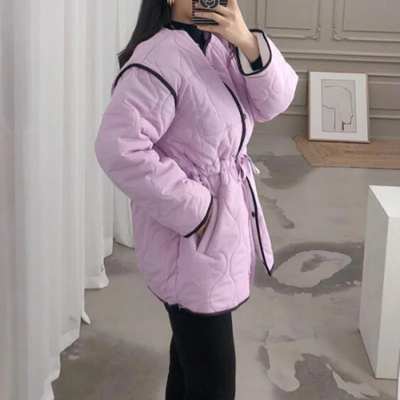 2022 Parkas Women Winter Solid Lace-Up Coat Female Thick High Quality Students Outwear Sweet Office Lady Warm Jacket