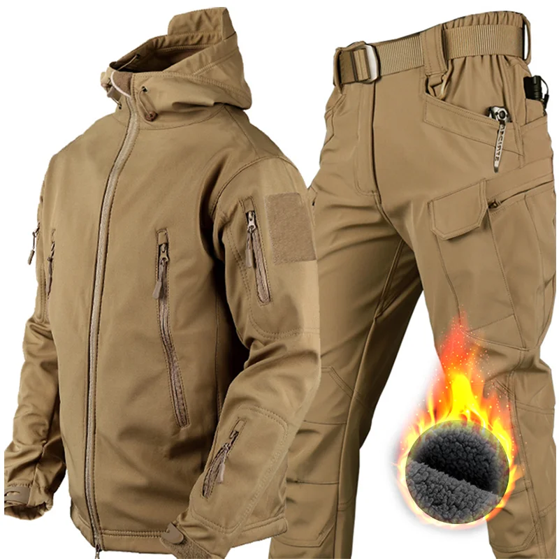 

Multi Pockets Fleece Warm Winter Autumn Tactical Jackets Suit Waterproof Cargo Pants For Army Trousers Male