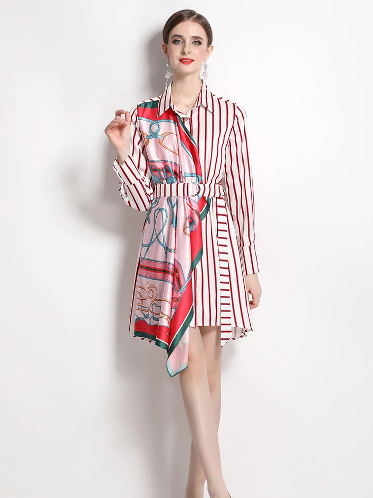 

Dress for Women 2023 Casual Long Sleeve Robe Shirt Striped Mini Short Vestidos Para Mujer Print Single Breasted Summer Ladies