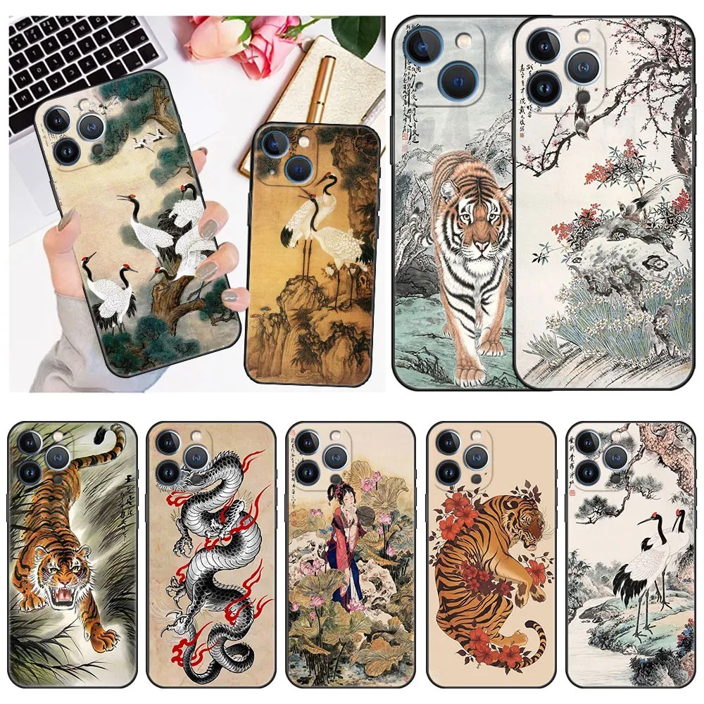 

Case For Apple iPhone 14 11 13 12 Pro 7 Plus XR X XS Max 6 6S 13Pro Max Black Silicone Phone Funda Tiger Crane ART