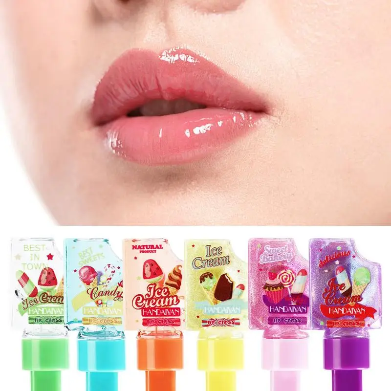 

6pcs Popsicle Shape Transparent Jelly Lip Oil Set Moisturizing Lip Oil Set Glossy Finish Nonstick Cup perfect gift for girls