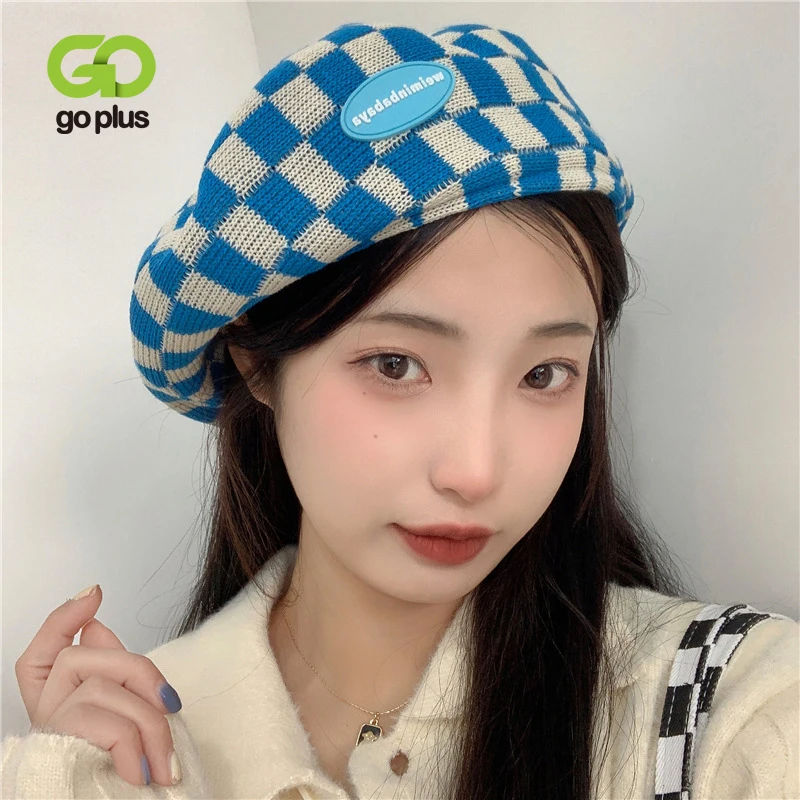 

Spring Beret Plaid Women Hat Blue Bonnet 2022 Casual Breathable Caps 2022 Knitted Boina Elegant Green Chapeau Black Baret Dames