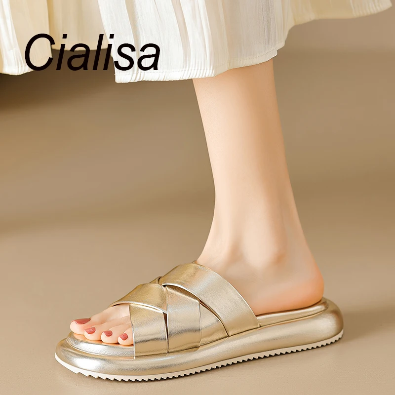 

Cialisa Slippers For Women Genuine Leather Women Shoes Handmade Comfortable Flats 2023 Summer Casual Open-Toe Lady Slipper Gold