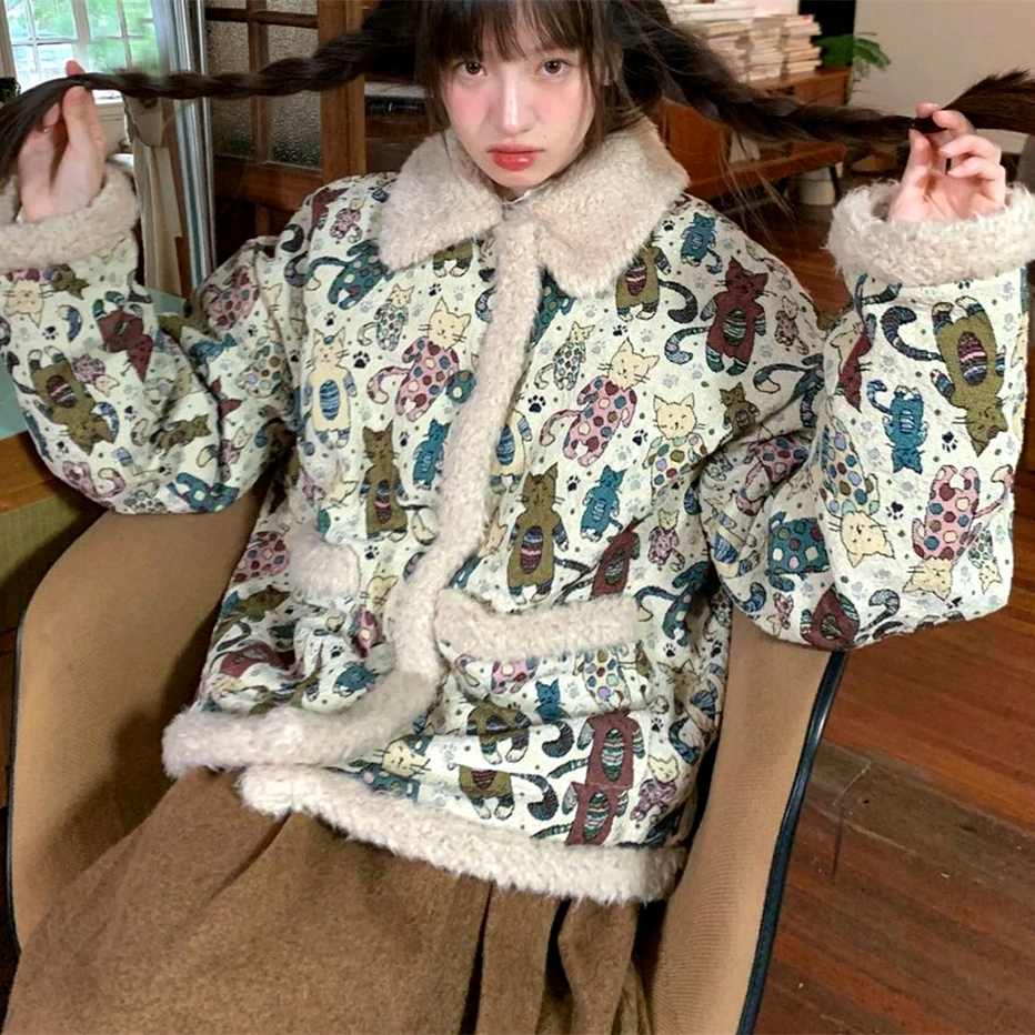 

Japanese Y2K Cats Full Anime Jackets Youth Women Students Fur Turndown Collar Loose Jacket Coat Vintage Harajuku Kawaii Clothes