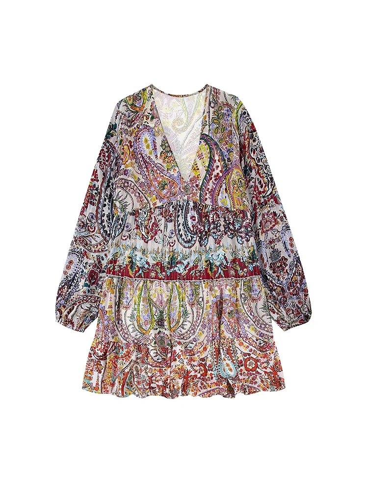 

DYLQFS 2022 Women Fashion Summer Layered Patchwork Print Dress Vintage Long Sleeve V-Neck Female Mini Dress