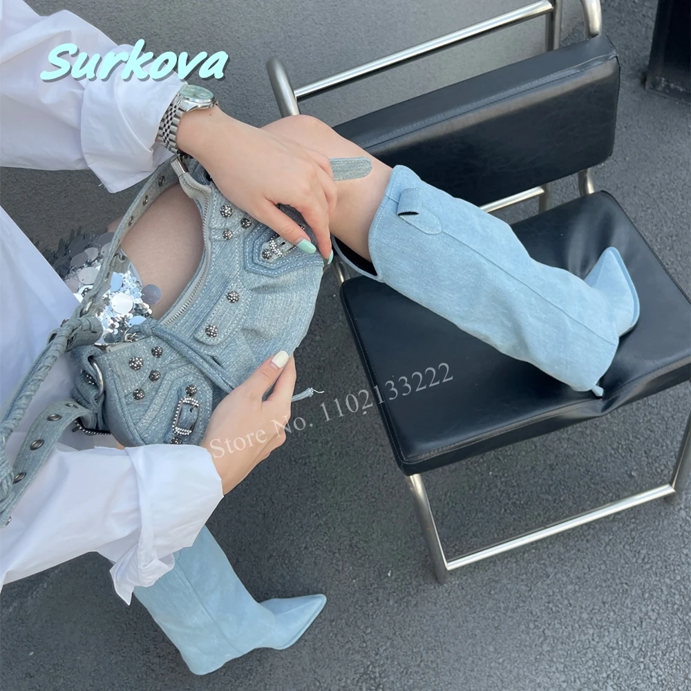 Новинка синие женские сапоги до колена бесплатная доставка однотонные