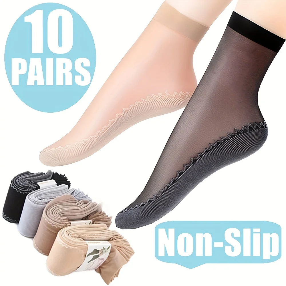 20Pcs=10Pairs Women Socks Transparent Breathable Summer Thin Soft Silk Socks Non-Slip Bottom Splice Fashion Ladies Sox for Girls