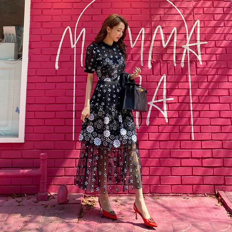 

Винтажное длинное платье, корейские женские летние кружевные сетчатые платья, элегантные черные кружевные платья с коротким рукавом и каск...