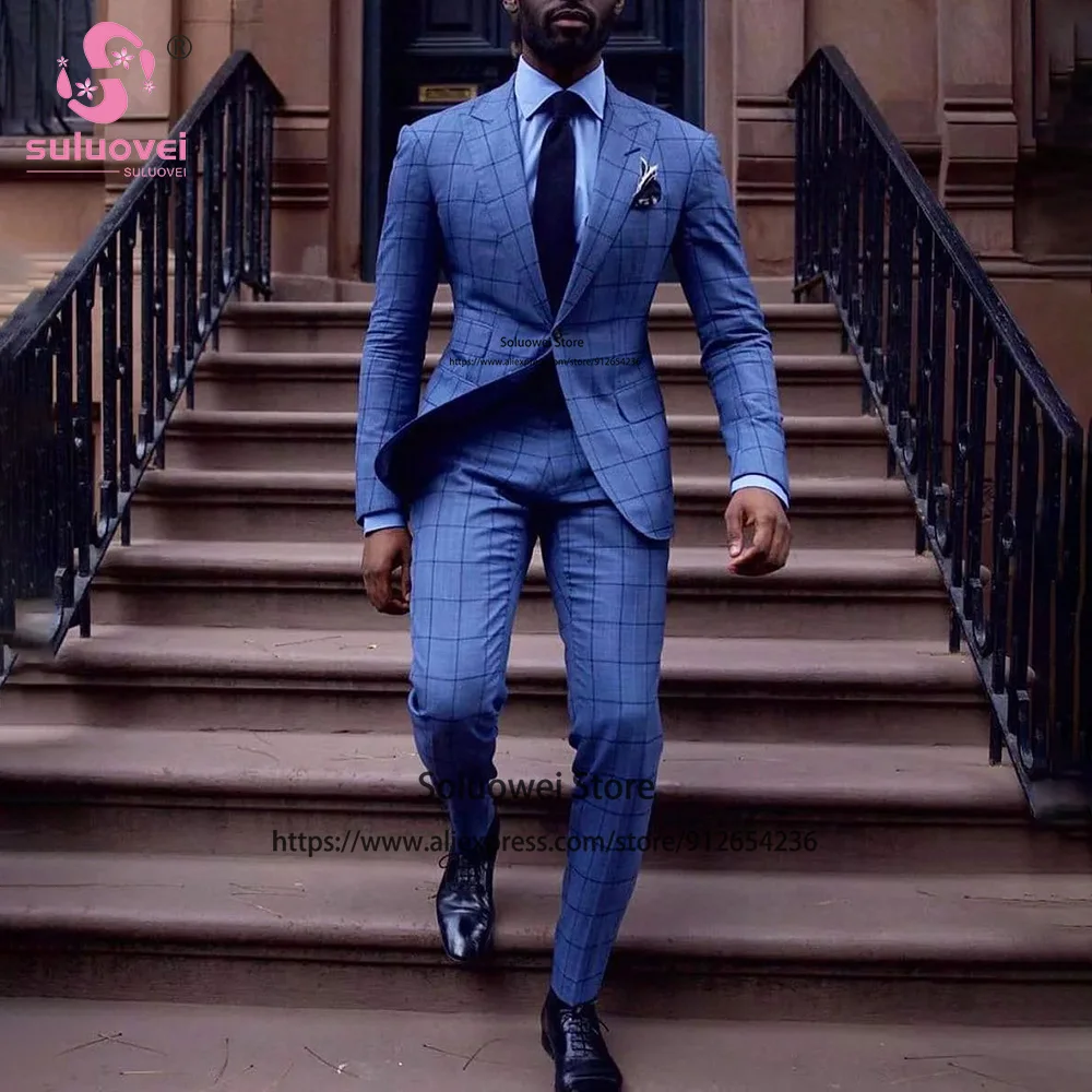 

(Customized Size) Fashion Plaid Wedding Suits For Men 2 Piece Pants Set Costume Homme Mariage Formal African Groom Dinner Tuxedo