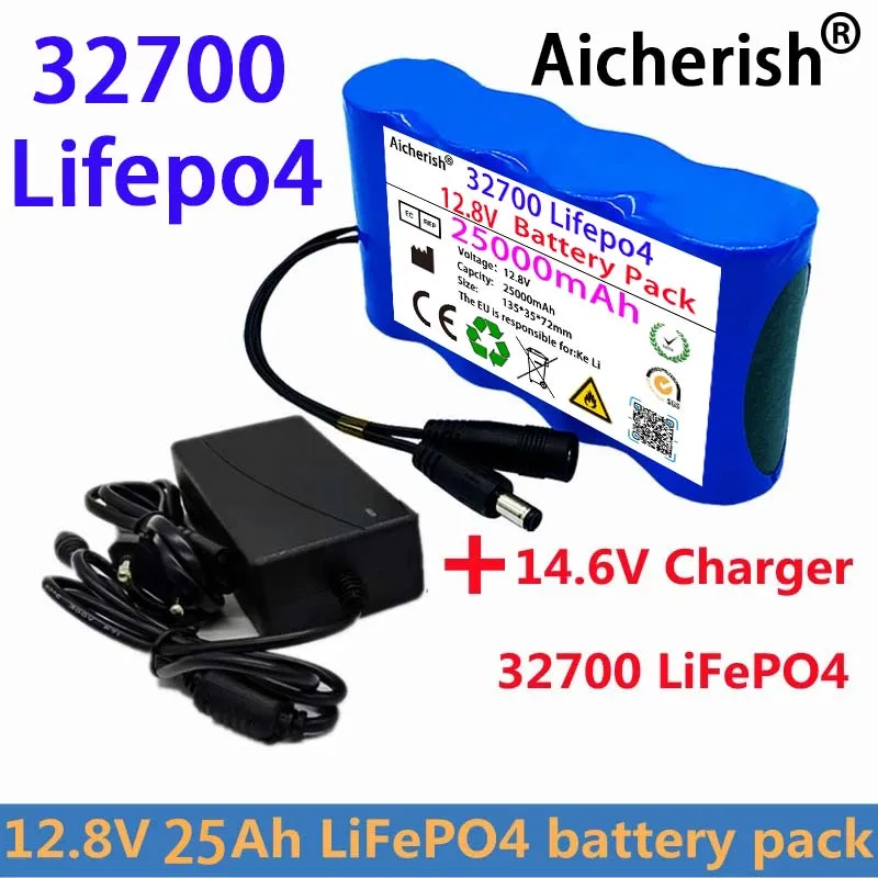 

Aicherish 12.8V 25Ah 32700 LiFePO4 Rechargeable Battery Built-in 40A Same Port Balanced BMS 12V Power Supply 14.6V Charger