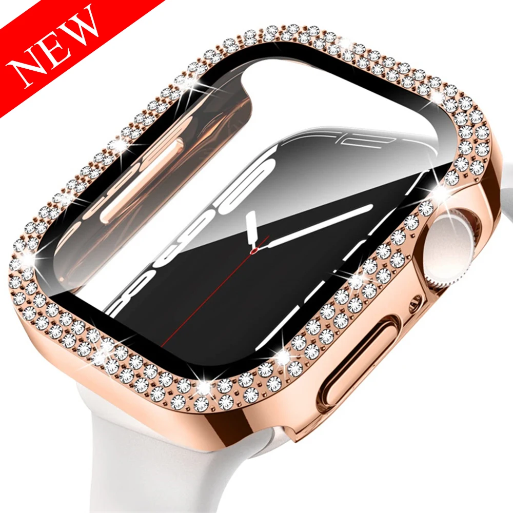 

Diamond Cover For Apple watch Case 45mm 41mm 44mm 40mm Tempered Glass+Bling Bumper Screen Protector iWatch series 9 8 7 6 5 4 SE