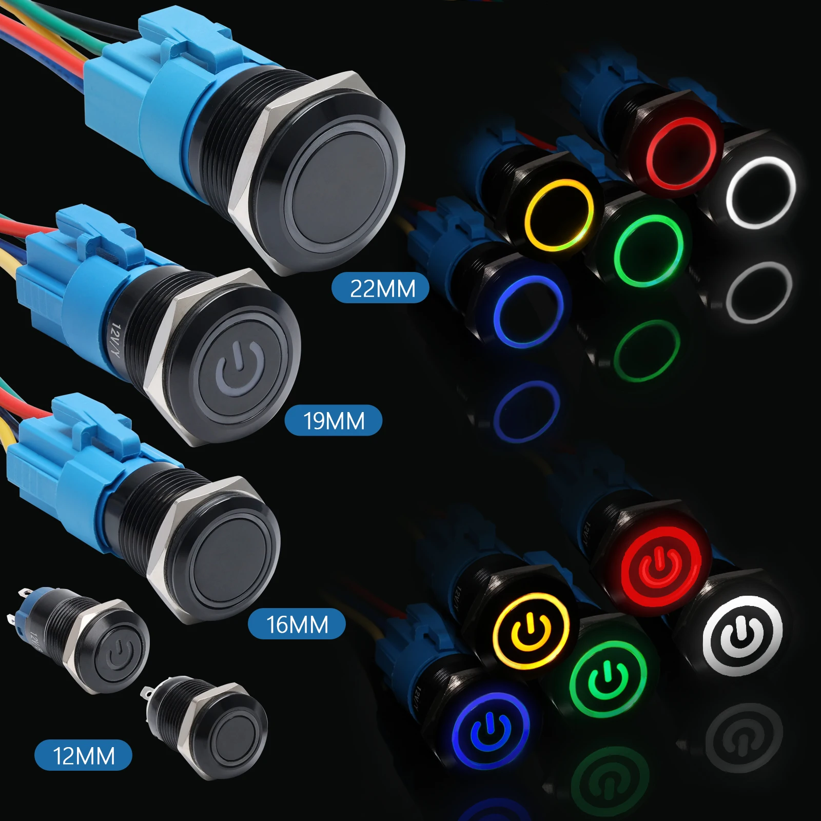 

APIELE 12/16/19/22mm Momentary/Latching Push Button Switch Angel Eye Ring/Power LED Metal 1NO1NC SPDT With Wire Socket Plug