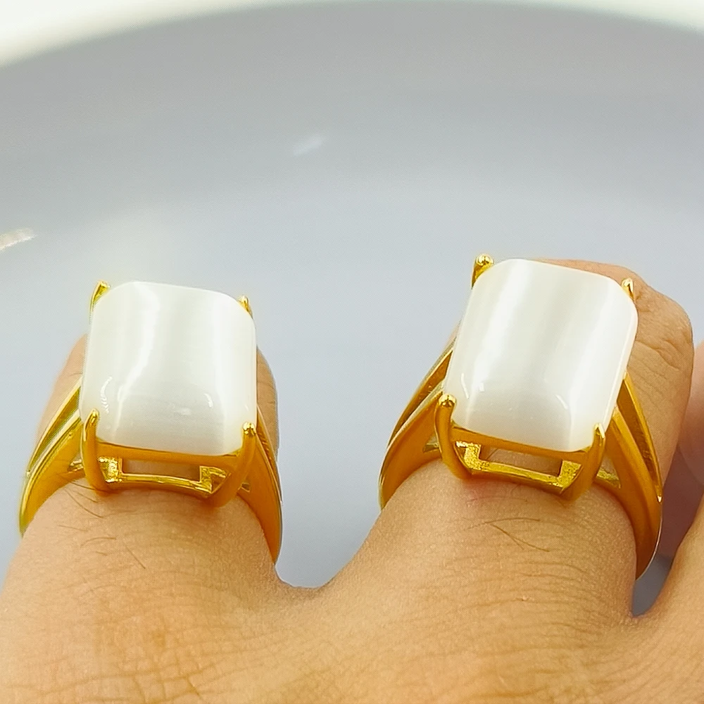 

Classic Women's Stainless Steel Russian High Base Ring Milky Stone Inlaid Gold Plated Finger Accessories