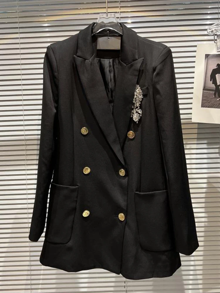 

HIGH STREET Newest Fashion 2022 Designer Jacket Women Rhinestone Corsage Double Breasted Long Blazer